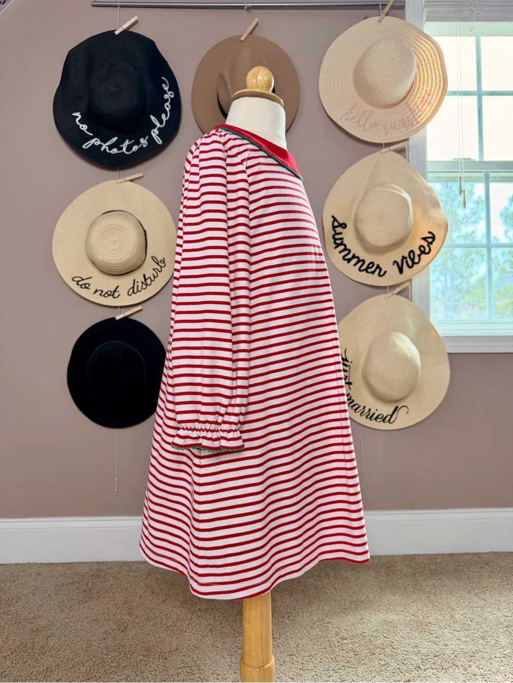 Girls' Red & White Striped Holiday Dress with Green Tree Applique